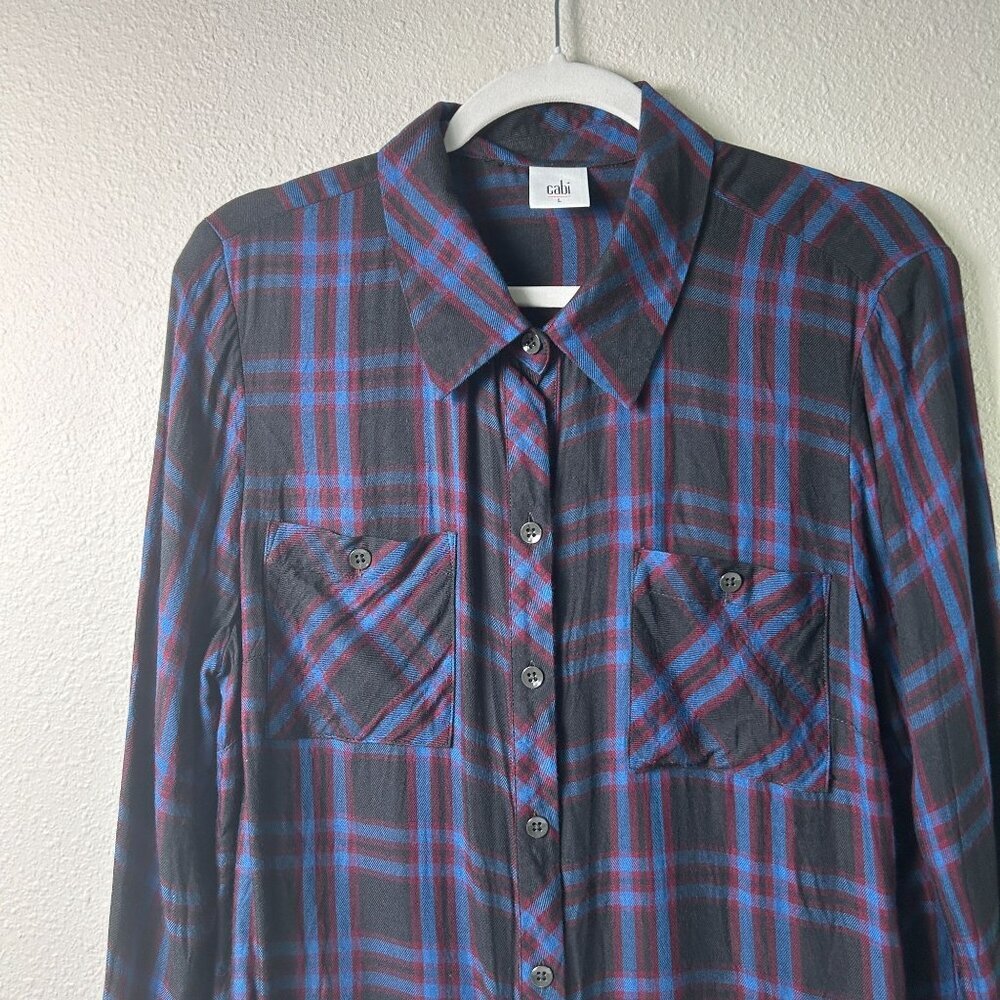 Cabi 3431 Button Up Peplum Top Womens Size L Blue Black Moody Plaid Long Sleeve - Picture 2 of 13